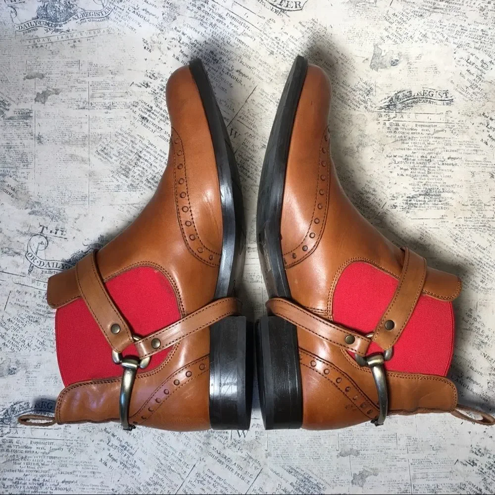 Pertini Spain Brown Leather Ankle Booties Red Elastic Chelsea Boots